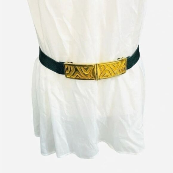 Vintage Accessories - Vintage snake skin belt green and gold brass small high waist clip loop